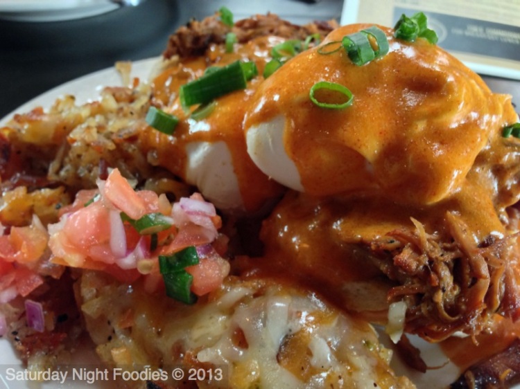 Pulled Pork Benedict - with Hatch Hollandaise & Cheddar Hash Browns 
